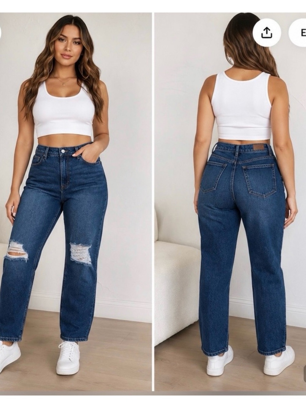 Hollister High-Rise Straight Leg Jeans in Dark Blue with Distressed Knees